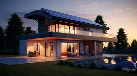 3d rendering of modern house with solar panels on the roof.の素材