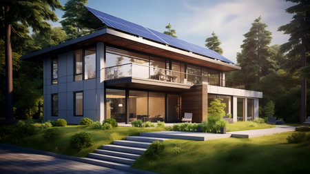 3d rendering of a modern house with solar panels on the roofの素材
