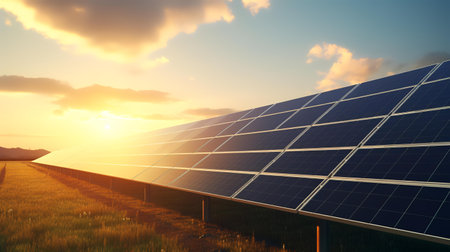 solar energy panels at sunset - alternative electricity source - 3d renderの素材