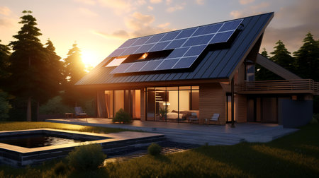 3d rendering of a modern house with solar panels on roof.の素材