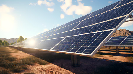 Photovoltaic panels for renewable electric production. 3d renderingの素材