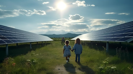 Mother and daughter in the field with solar panels. 3d renderingの素材