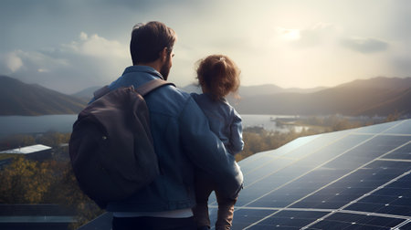 Back view of a father and son looking at photovoltaic panelsの素材