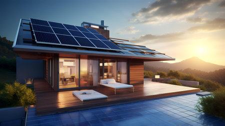 3d rendering of modern cozy house with solar panels on the roof and beautiful landscape.の素材
