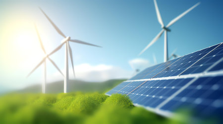 Solar panels and wind turbines in the green field. 3d renderingの素材