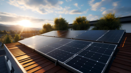 Solar panels on the roof of a house. 3d rendering.の素材