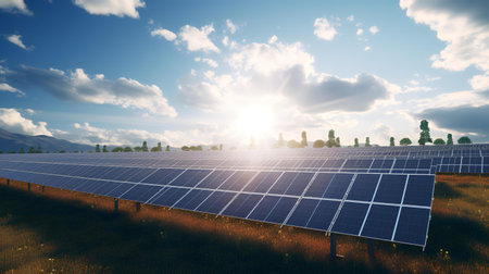 solar energy panels in the field with blue sky background. 3d renderingの素材