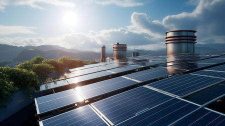solar energy panels on the roof of a modern building. 3d renderingの素材