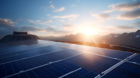 solar energy in the mountains at sunset,3d render.の素材