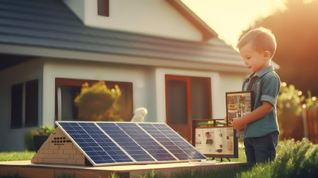 Cute little boy looking at photovoltaic panels in front of his houseの素材