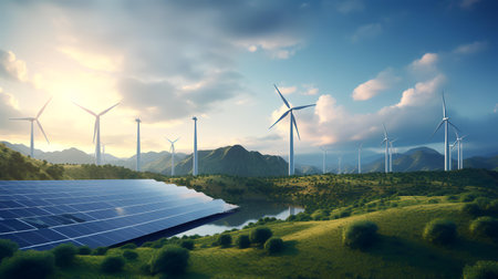 Solar panels and wind turbines in a green field. 3d renderingの素材