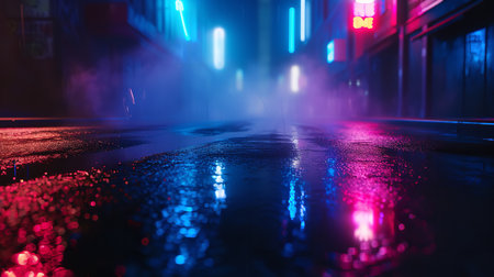 Rainy night in the city. Red and blue neon lights on the background.の素材