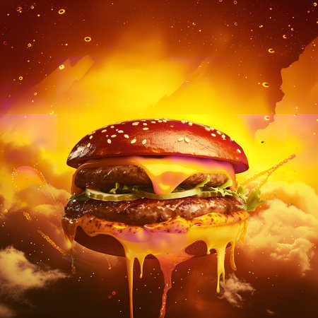 Hamburger on fire background with smoke. 3d illustration.の素材