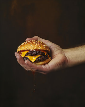 Hamburger with cheese and sauce in male hand on dark backgroundの素材