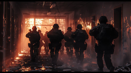 Silhouette of a group of soldiers in the hallway of a destroyed buildingの素材