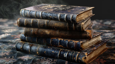 Pile of old books on a dark background. Close-up.の素材