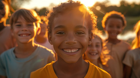 Portrait of happy African-American boy with friends on blurred backgroundの素材