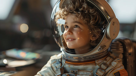 Portrait of a cute little boy dressed as an astronaut with a space suitの素材