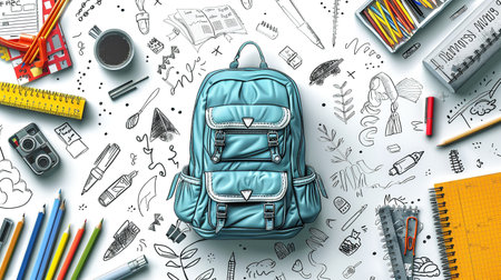 Blue backpack and school supplies on white background. Back to school conceptの素材