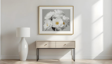 Modern scandinavian living room interior with mock up poster frame, wooden chest of drawers, lamp and white flowers. 3d renderingの素材