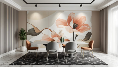 Interior of modern dining room with white walls, tiled floor, round wooden table with gray chairs and floral pattern on the wall. 3d renderingの素材