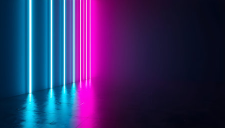 3d render, abstract background with neon lines, empty room.の素材