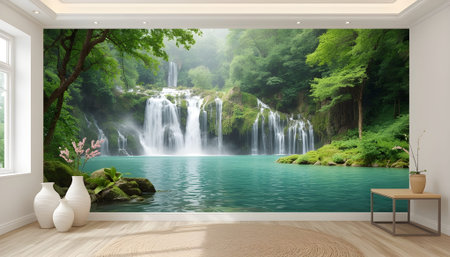 beautiful waterfall in the room. 3d rendering and  illustrationの素材