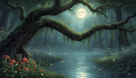 Fantasy landscape with dark forest and river. 3D rendering.の素材
