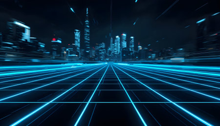 3D illustration of a cyberspace landscape with a city at nightの素材