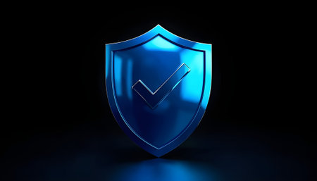 3d rendering of blue shield with check mark icon on black backgroundの素材