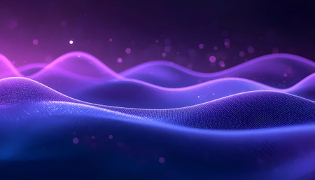 3D rendering of abstract digital wave particles with bokeh lights on dark backgroundの素材
