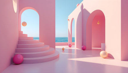 3d render. Abstract minimal scene with stairs to the sea.の素材