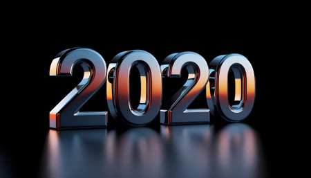 2020 New Year. 3D render of metallic numbers on black backgroundの素材