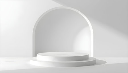 3d render of white round podium for product presentation in white roomの素材