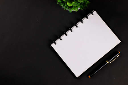 Pen and white paper book on the black table with a small artificial plantの写真素材