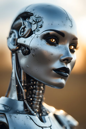 A silver-toned humanoid robot with glowing eyes and intricate mechanical detailing, captured in warm cinematic light. The fusion of elegance and engineering.の素材