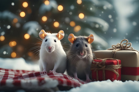 Photo-realistic portrait of two adorable pet rats, one white and one grey, sitting side-by-side on a cozy red and white blanket.の素材