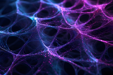 Network Plane - Expansive, abstract landscape of glowing data points in electric violet and cyan. Flat perspective emphasizing vastness and scale for non-distracting technology.の素材