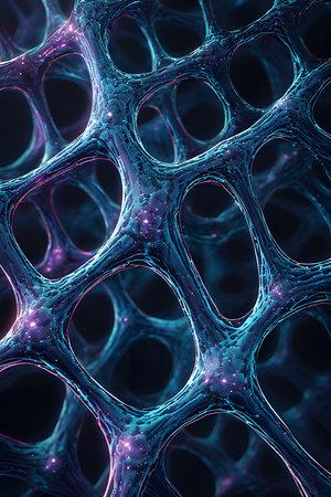 Diagonal, dynamic composition of intertwined, glowing data filaments in icy blue and pinkish-purple. Abstract vertical portrait suggesting motion, progress, high-speed data flow.の素材