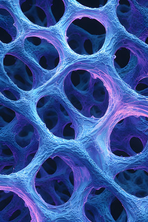 Seamless vertical texture of dense, granular data filaments forming a cellular net pattern in bright blue and violet. Ideal abstract background for mobile UI/UX design.の素材