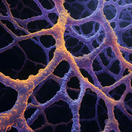 Extreme close-up of highly granular, organic data filaments forming a network in orange, yellow, and blue. Square format emphasizing textured, cellular complexity.の素材