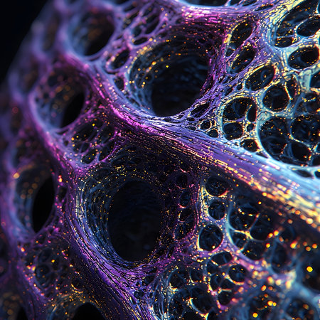 Extreme 3D close-up of the data filament structure, focusing on the dark cavities/holes. Abstract square texture in purple and gold emphasizes depth and cellular structure.の素材