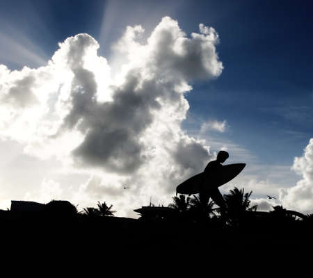 A surfer, in black silhouette against a blue sky with clouds and rays of sunlight, carries his board across the sand with palm trees and seagulls in the background.の写真素材