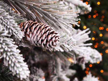 A snowy pinecone decorated Christmas tree, with bokeh lights in the background.の写真素材