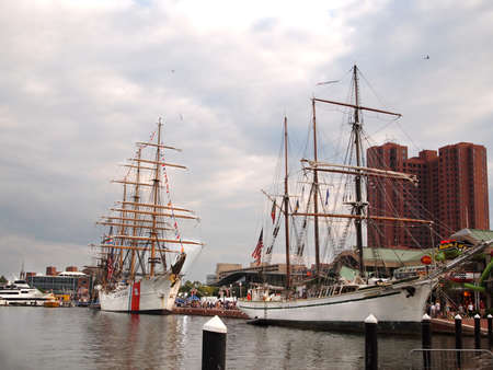 BALTIMORE, MD -  SEPTEMBER 11, 2014: Tall ship Gazela, and US Coast Guard ship  Eagle are moored at the Inner Harbor in downtown Baltimore for the Star Spangled Spectacular event, marking the 200th anniversary of the writing of the national anthem.のeditorial素材