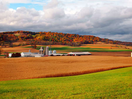 Colorful trees, turned orange, red, and yellow in October, stand behind and amongst the rolling hills of a farm in the countryside.の写真素材