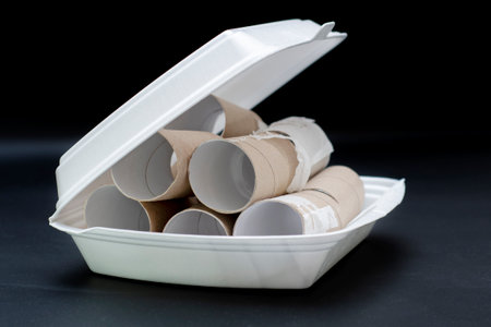 Empty rolls from toilet paper lying in a package of fast food. The dangers of cheap fast food and unscrupulous delivery services. Overweight and health problems.の写真素材