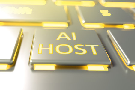 Illustration with a close-up of the keyboard and the AI HOST button. Background on the theme of easy transfer of control to artificial intelligence.の写真素材