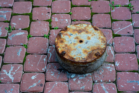 Old, rusty manhole cover maintenance on the road paved pavementの写真素材