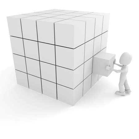 3d man pushing a puzzle pieces into its placeの写真素材